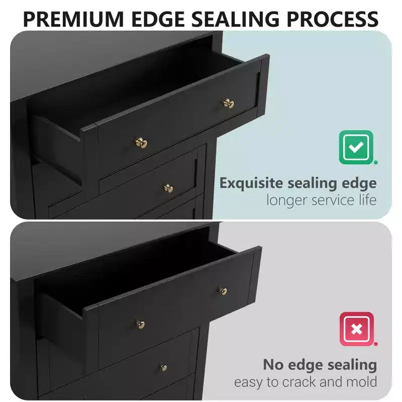 Commode noire à 6 tiroirs pour chambre à coucher, grande commode double moderne en bois avec tiroirs profonds et boutons en métal pour chambre d'enfant, entrée, couloir