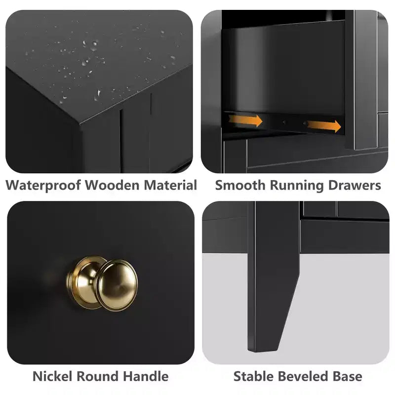Commode noire à 6 tiroirs pour chambre à coucher, grande commode double moderne en bois avec tiroirs profonds et boutons en métal pour chambre d'enfant, entrée, couloir