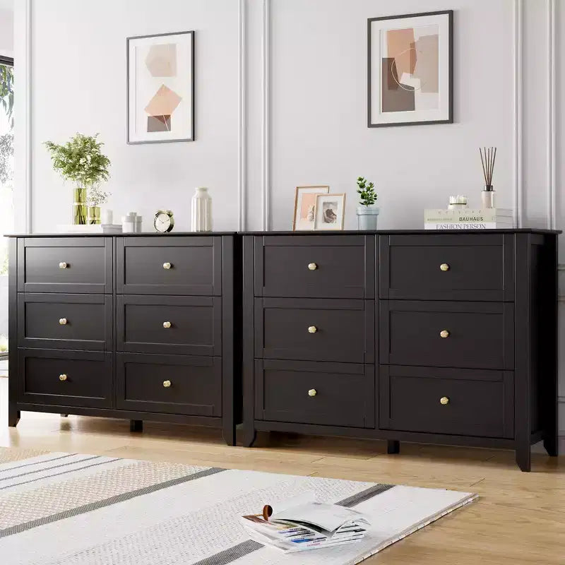 Commode noire à 6 tiroirs pour chambre à coucher, grande commode double moderne en bois avec tiroirs profonds et boutons en métal pour chambre d'enfant, entrée, couloir