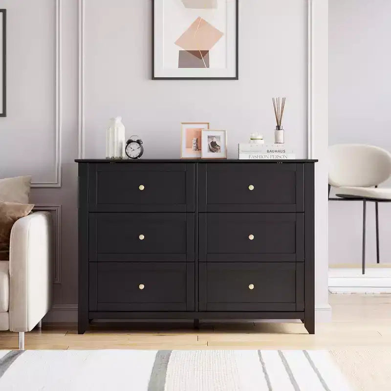 Commode noire à 6 tiroirs pour chambre à coucher, grande commode double moderne en bois avec tiroirs profonds et boutons en métal pour chambre d'enfant, entrée, couloir