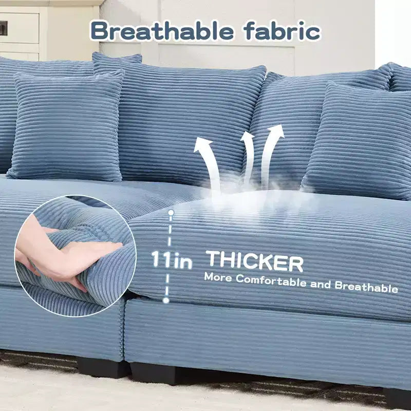 Canapé modulaire surdimensionné Cloud 130, velours côtelé premium 3 places. Accoudoirs extra-épais, coussin haute résilience
