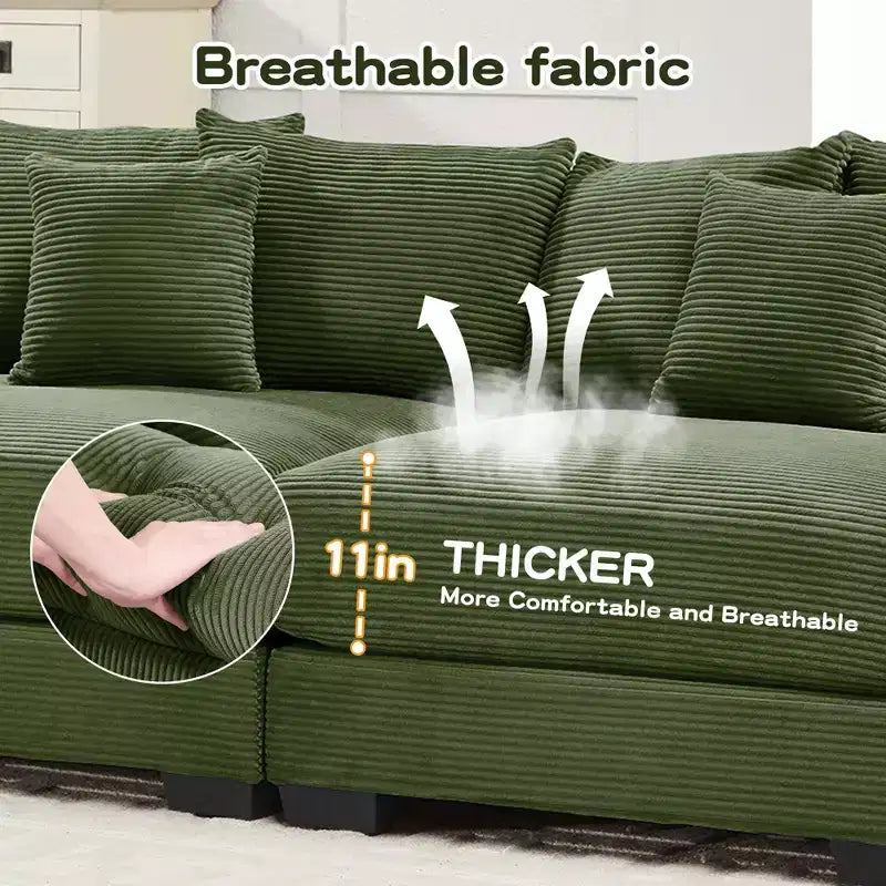 Canapé modulaire surdimensionné Cloud 130, velours côtelé premium 3 places. Accoudoirs extra-épais, coussin haute résilience