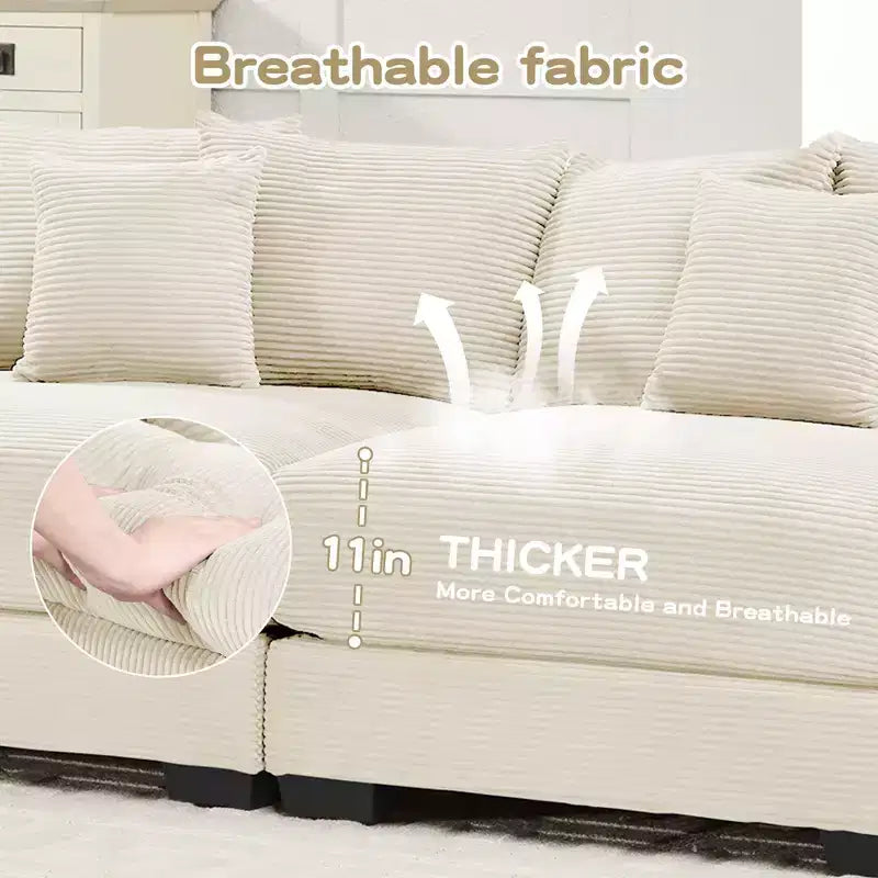 Canapé modulaire surdimensionné Cloud 130, velours côtelé premium 3 places. Accoudoirs extra-épais, coussin haute résilience