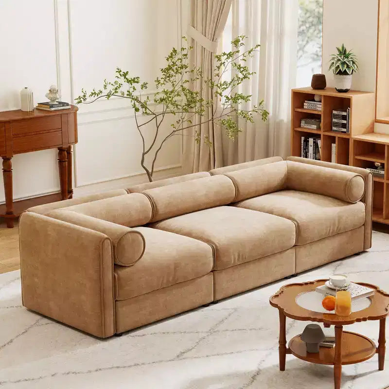 Élégant canapé blanc en chenille avec assise de rangement, dossier et accoudoirs cylindriques