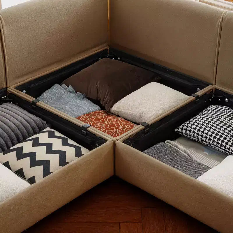 Élégant canapé blanc en chenille avec assise de rangement, dossier et accoudoirs cylindriques
