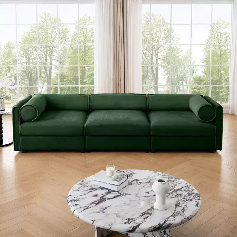 Élégant canapé blanc en chenille avec assise de rangement, dossier et accoudoirs cylindriques