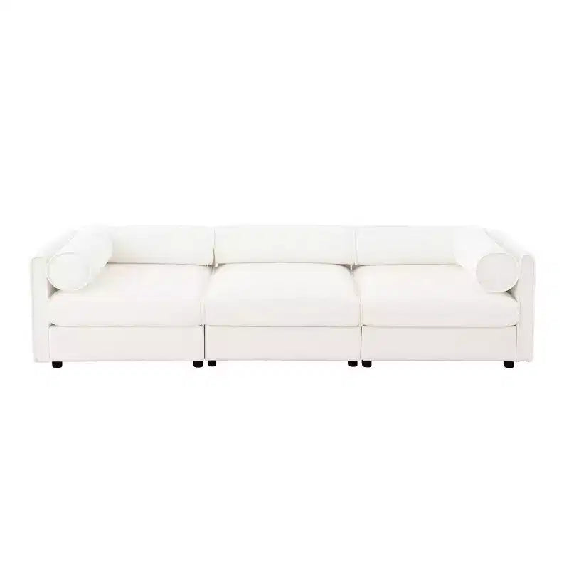 Élégant canapé blanc en chenille avec assise de rangement, dossier et accoudoirs cylindriques