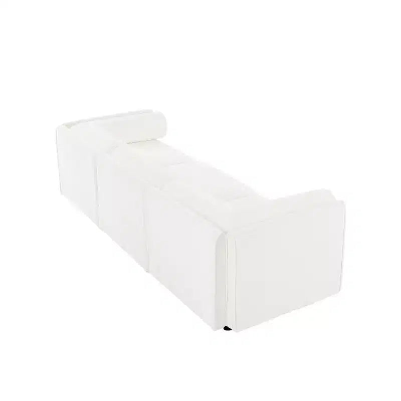 Élégant canapé blanc en chenille avec assise de rangement, dossier et accoudoirs cylindriques