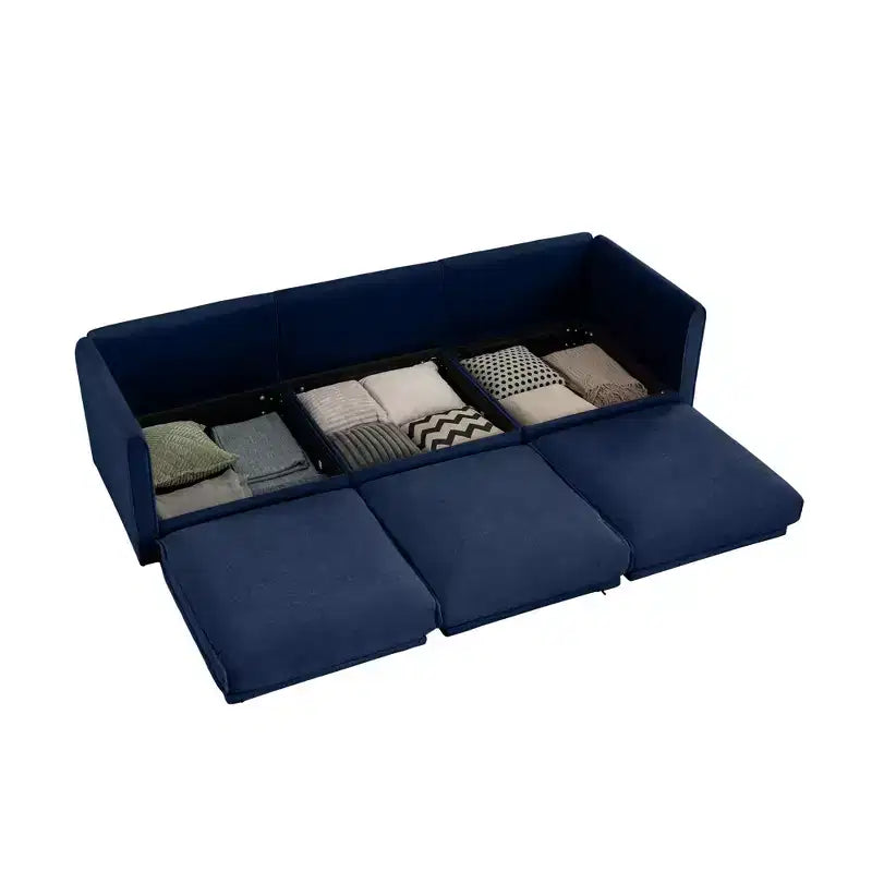 Élégant canapé blanc en chenille avec assise de rangement, dossier et accoudoirs cylindriques