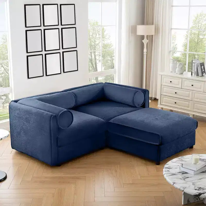Canapé 2 places blanc élégant en chenille avec pouf de rangement, dossier et accoudoirs cylindriques