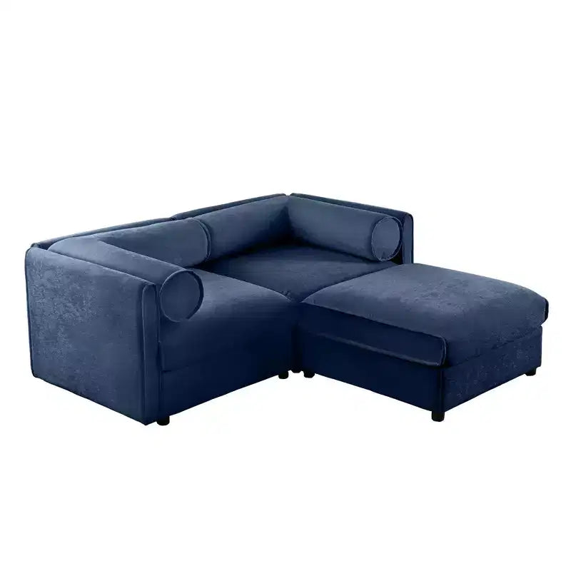 Canapé 2 places blanc élégant en chenille avec pouf de rangement, dossier et accoudoirs cylindriques
