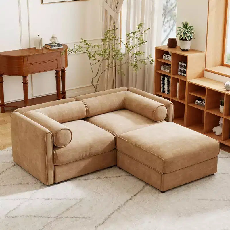 Canapé 2 places blanc élégant en chenille avec pouf de rangement, dossier et accoudoirs cylindriques