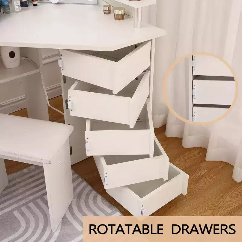 Coiffeuse de Maquillage - Ensemble Coiffeuse avec Lumières et Prise de Courant Coiffeuse d'Angle avec 5 Tiroirs Rotatifs