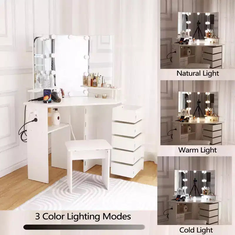 Coiffeuse de Maquillage - Ensemble Coiffeuse avec Lumières et Prise de Courant Coiffeuse d'Angle avec 5 Tiroirs Rotatifs