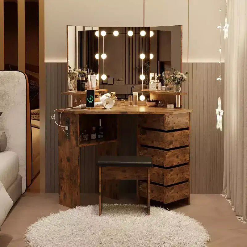 Makeup Vanity Desk - Vanity Desk Set with Lights & Power Outlet Corner Vanity Table with 5 Rotating Drawers