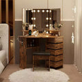 Makeup Vanity Desk - Vanity Desk Set with Lights & Power Outlet Corner Vanity Table with 5 Rotating Drawers
