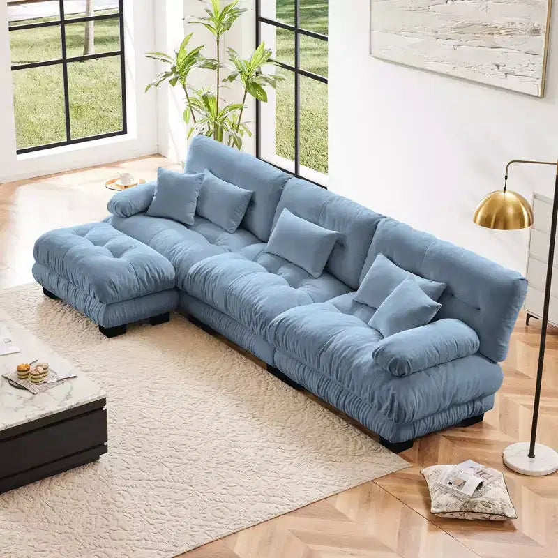 Grand canapé en forme de L pour salon, canapé-lit profond avec pouf convertible, en chenille, couleur café clair