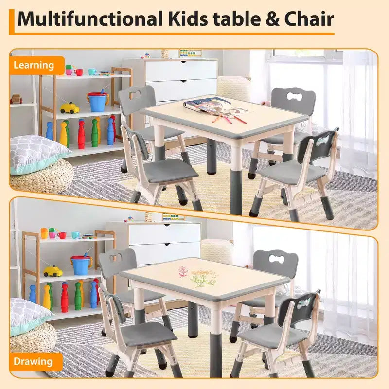 Ensemble de 5 pièces de table et chaises pour tout-petits, ensemble de 4 tables et chaises pour enfants réglables en hauteur, table pour tout-petits pour la lecture, le dessin, les repas, pour les enfants de plus de 3 ans