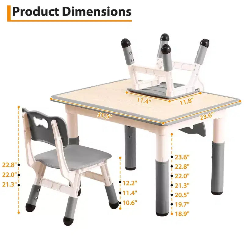 Ensemble de 5 pièces de table et chaises pour tout-petits, ensemble de 4 tables et chaises pour enfants réglables en hauteur, table pour tout-petits pour la lecture, le dessin, les repas, pour les enfants de plus de 3 ans