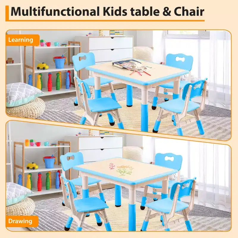 Ensemble de 5 pièces de table et chaises pour tout-petits, ensemble de 4 tables et chaises pour enfants réglables en hauteur, table pour tout-petits pour la lecture, le dessin, les repas, pour les enfants de plus de 3 ans