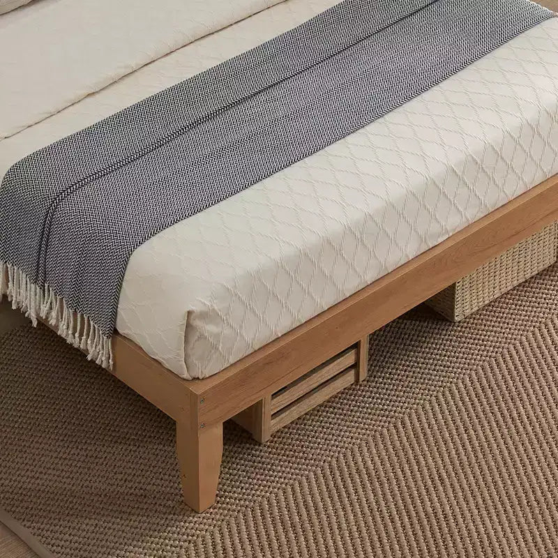 Cadre de lit en rotin avec tête de lit en rotin naturel, cadre de lit Queen avec lumières LED, cadre de lit plateforme avec tête de lit, pas besoin de sommier tapissier