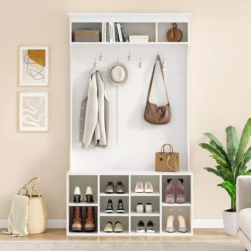 PexFix Hall Tree With Bench and Shoe Storage With 7 Coat Hooks and Seating Adjustable Storage