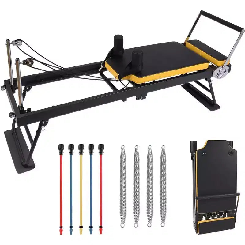 Pilates Reformer Machine with Springs & Resistance Bands, Full Body Workout Reformer Bed with Adjustable Height, Carbon Steel Frame