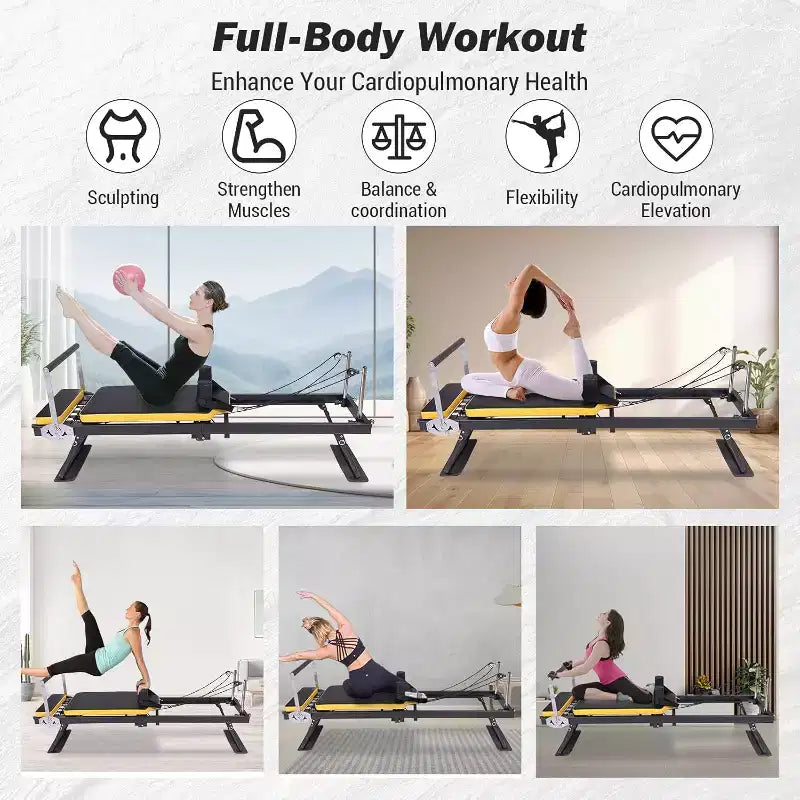 Machine Pilates Reformer avec ressorts et bandes de résistance, lit Reformer pour entraînement complet du corps avec hauteur réglable, cadre en acier au carbone