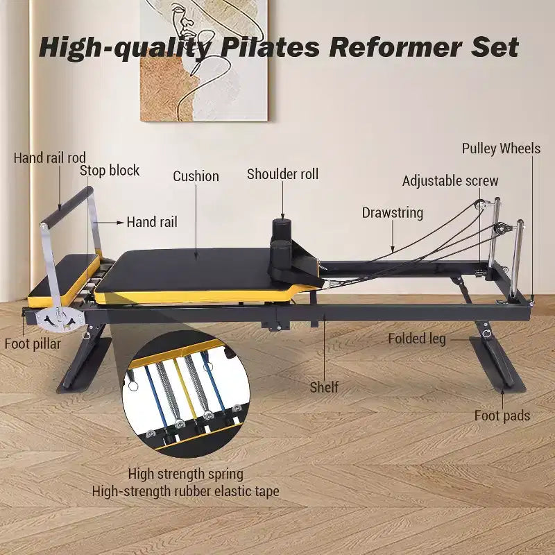 Machine Pilates Reformer avec ressorts et bandes de résistance, lit Reformer pour entraînement complet du corps avec hauteur réglable, cadre en acier au carbone
