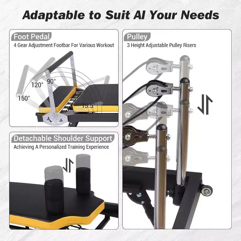 Machine Pilates Reformer avec ressorts et bandes de résistance, lit Reformer pour entraînement complet du corps avec hauteur réglable, cadre en acier au carbone