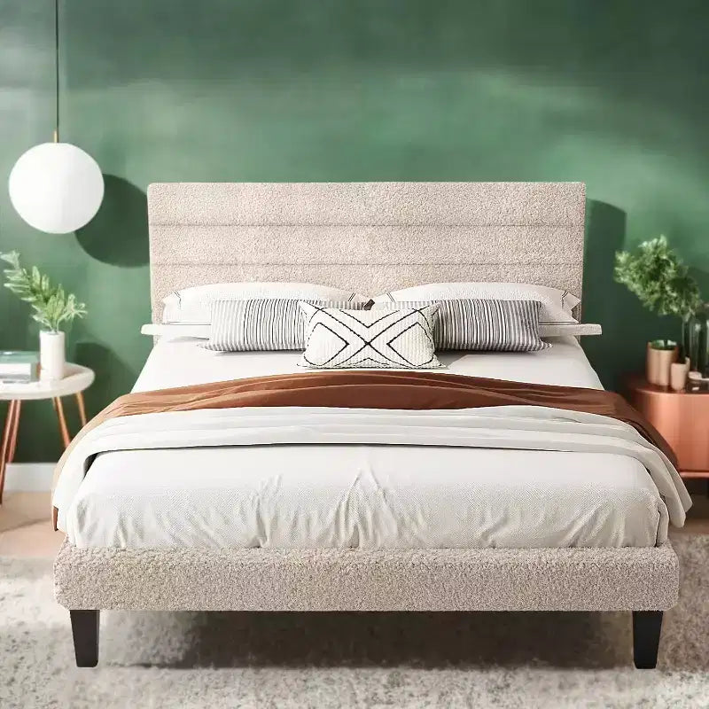 VINGLI Upholstered Bed Frame with Boucle Adjustable Headboard,Cozy Low Profile Platform Bed with Wooden Slats,Cream,Noise Free,Beige
