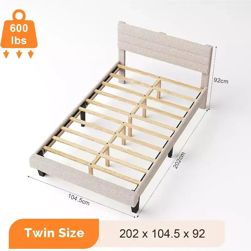 Cadre de lit rembourré VINGLI avec tête de lit réglable en bouclette, lit plateforme confortable à profil bas avec lattes en bois, crème, silencieux, beige