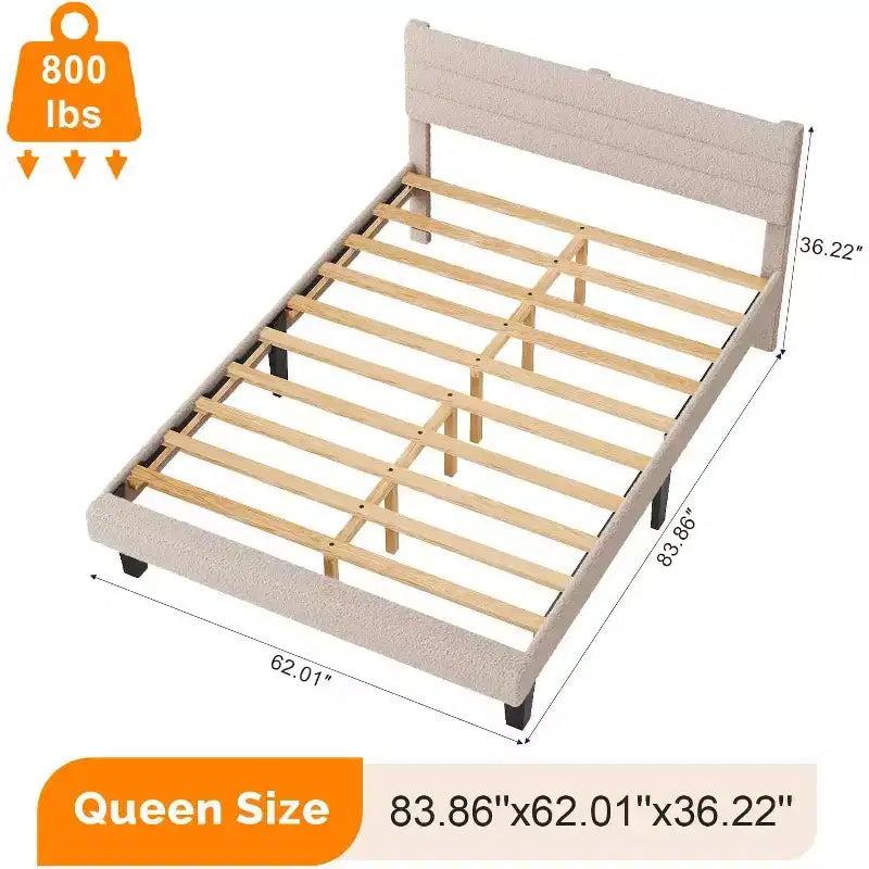 Cadre de lit rembourré VINGLI avec tête de lit réglable en bouclette, lit plateforme confortable à profil bas avec lattes en bois, crème, silencieux, beige