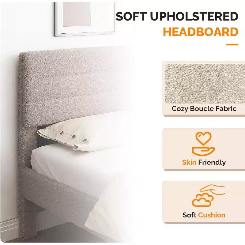 Cadre de lit rembourré VINGLI avec tête de lit réglable en bouclette, lit plateforme confortable à profil bas avec lattes en bois, crème, silencieux, beige
