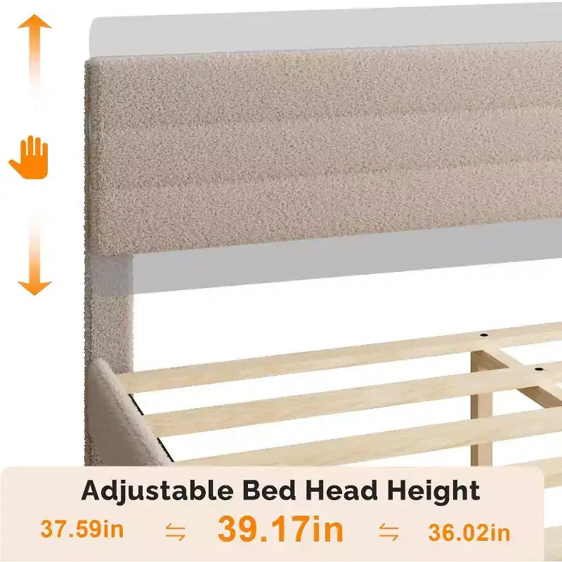 Cadre de lit rembourré VINGLI avec tête de lit réglable en bouclette, lit plateforme confortable à profil bas avec lattes en bois, crème, silencieux, beige