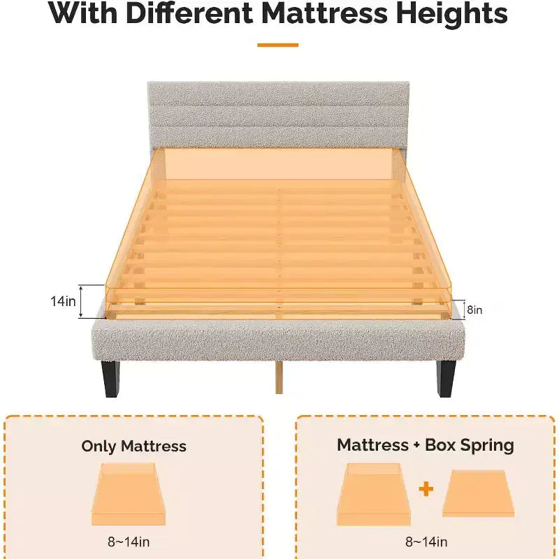 Cadre de lit rembourré VINGLI avec tête de lit réglable en bouclette, lit plateforme confortable à profil bas avec lattes en bois, crème, silencieux, beige