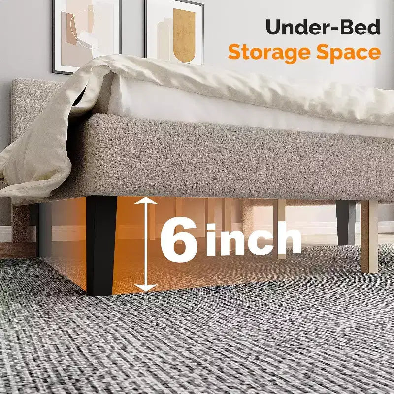 Cadre de lit rembourré VINGLI avec tête de lit réglable en bouclette, lit plateforme confortable à profil bas avec lattes en bois, crème, silencieux, beige