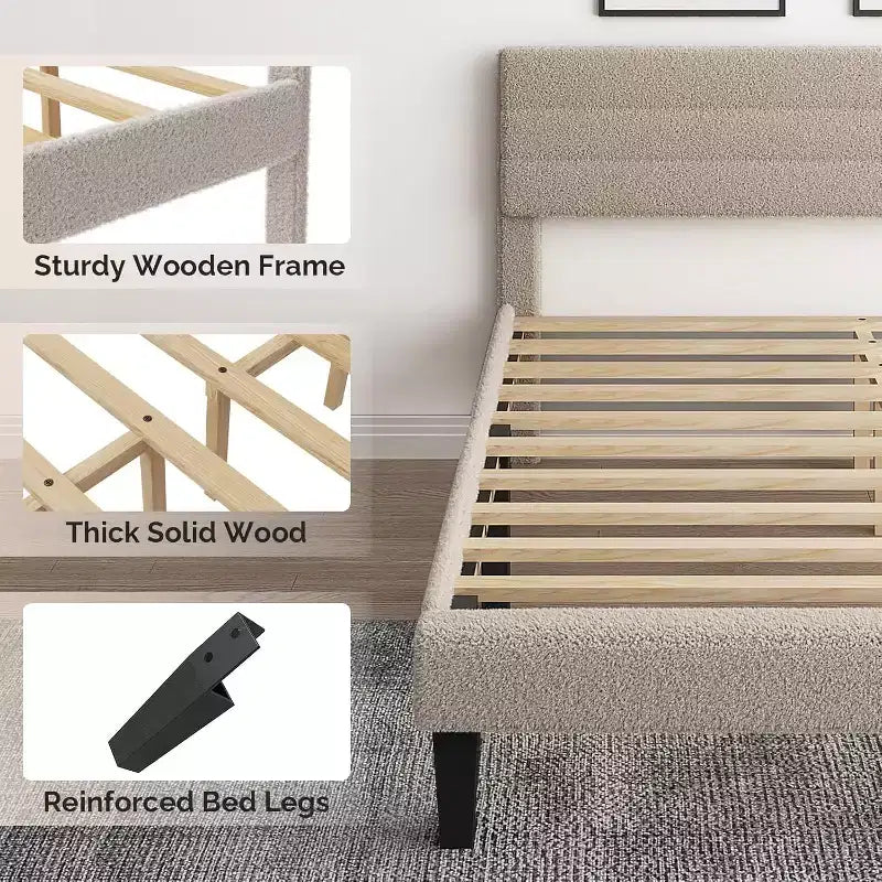 Cadre de lit rembourré VINGLI avec tête de lit réglable en bouclette, lit plateforme confortable à profil bas avec lattes en bois, crème, silencieux, beige