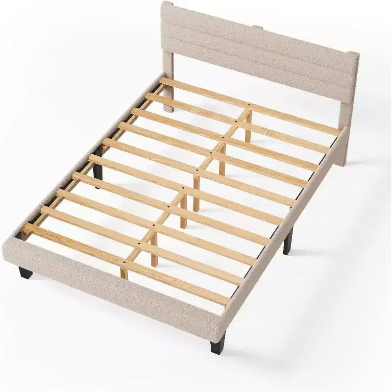 Cadre de lit rembourré VINGLI avec tête de lit réglable en bouclette, lit plateforme confortable à profil bas avec lattes en bois, crème, silencieux, beige