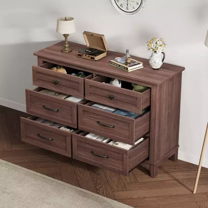 Commode à 6 tiroirs GustoWave pour chambre à coucher, commode de rangement autoportante de 120 cm de large pour salon, entrée, organisation de placard
