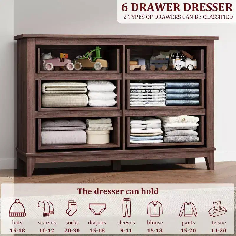 Commode à 6 tiroirs GustoWave pour chambre à coucher, commode de rangement autoportante de 120 cm de large pour salon, entrée, organisation de placard