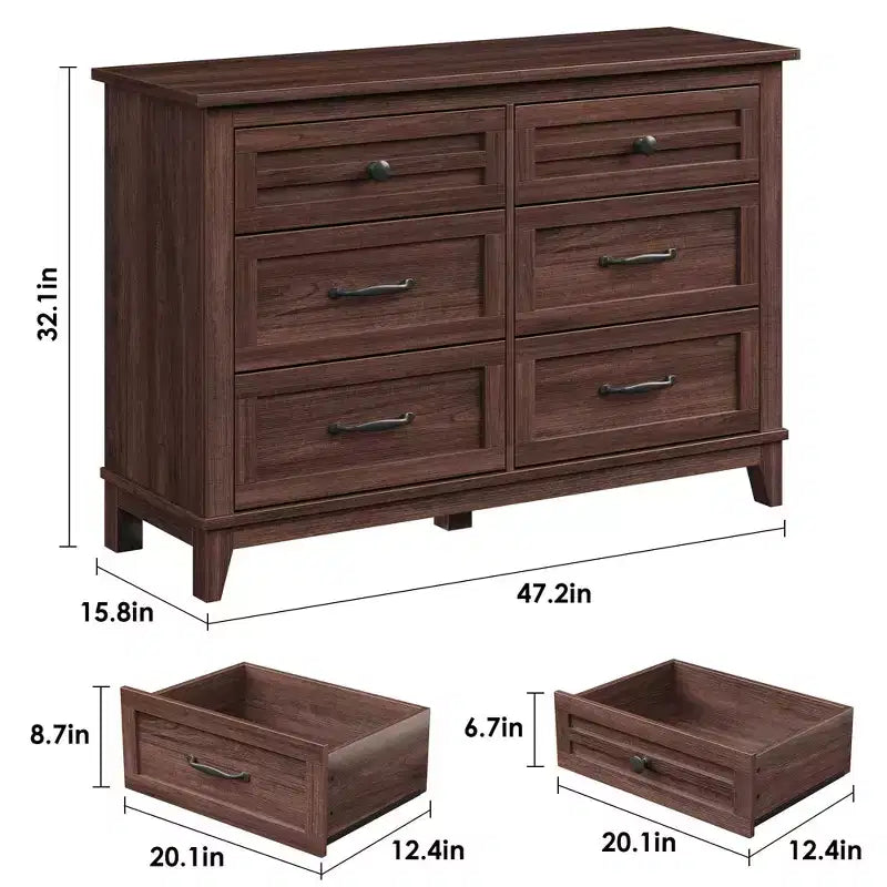 Commode à 6 tiroirs GustoWave pour chambre à coucher, commode de rangement autoportante de 120 cm de large pour salon, entrée, organisation de placard