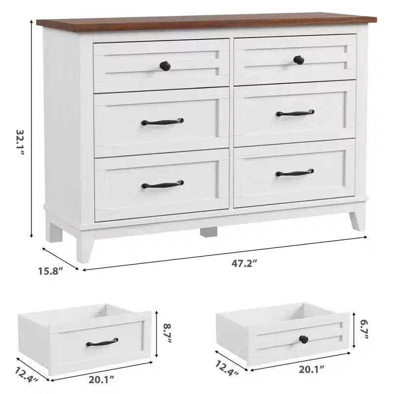 Commode à 6 tiroirs GustoWave pour chambre à coucher, commode de rangement autoportante de 120 cm de large pour salon, entrée, organisation de placard