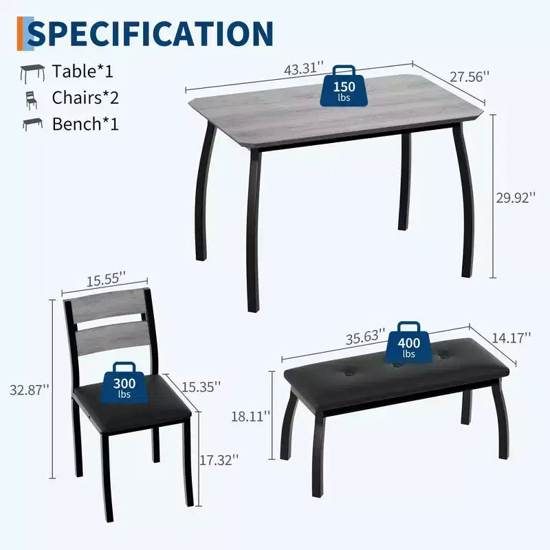Ensemble de salle à manger 4 pièces avec banc rembourré et 2 chaises, table de cuisine peu encombrante pour appartement ou petite salle à manger