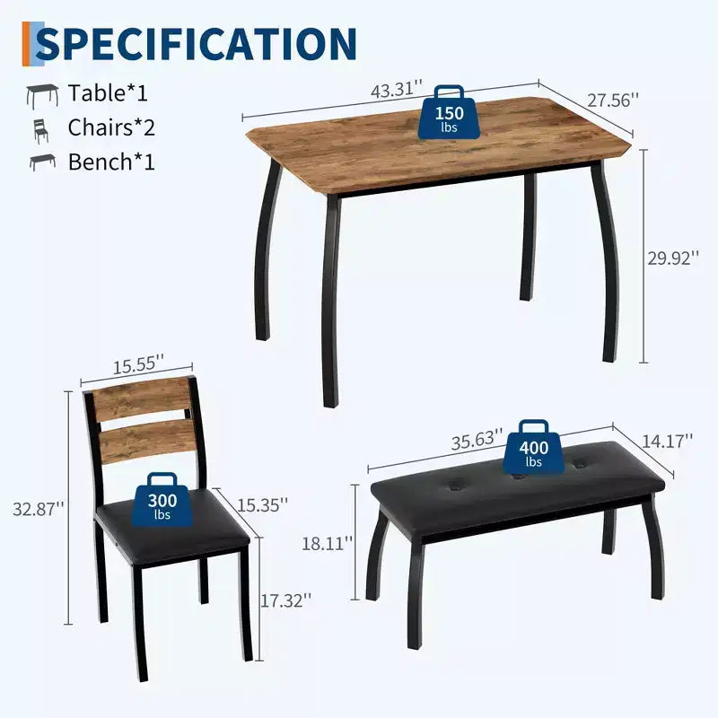 Ensemble de salle à manger 4 pièces avec banc rembourré et 2 chaises, table de cuisine peu encombrante pour appartement ou petite salle à manger