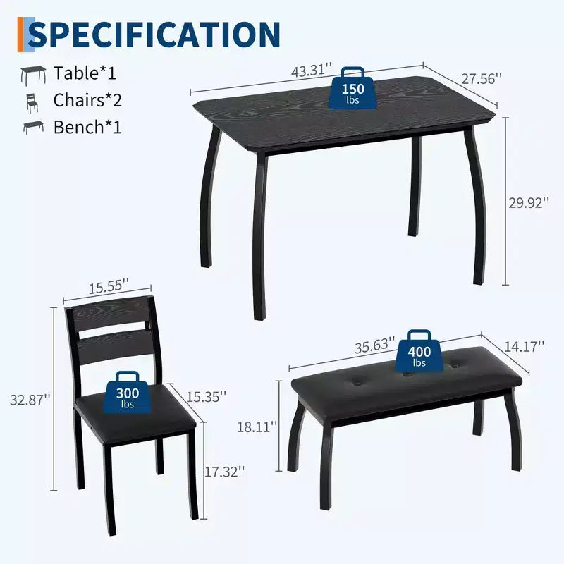 Ensemble de salle à manger 4 pièces avec banc rembourré et 2 chaises, table de cuisine peu encombrante pour appartement ou petite salle à manger