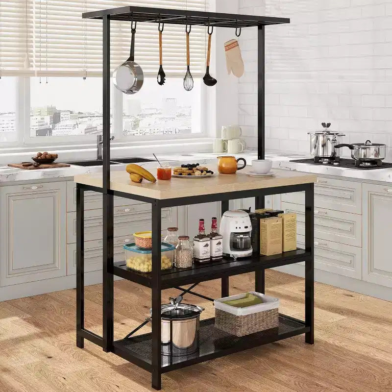 Kitchen Island, 3-Tier Island Table for Kitchen, Metal Frame Microwave Stand Bakers Rack with 5 Hooks for Dining Room Living Room