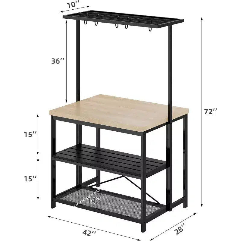 Îlot de cuisine, table îlot à 3 niveaux pour cuisine, support de micro-ondes en métal avec 5 crochets pour salle à manger et salon