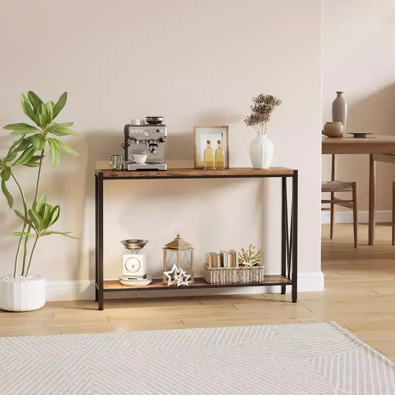 Console étroite avec rangement, Table d'entrée rustique avec cadre métallique pour Couloir, Salon, Chambre