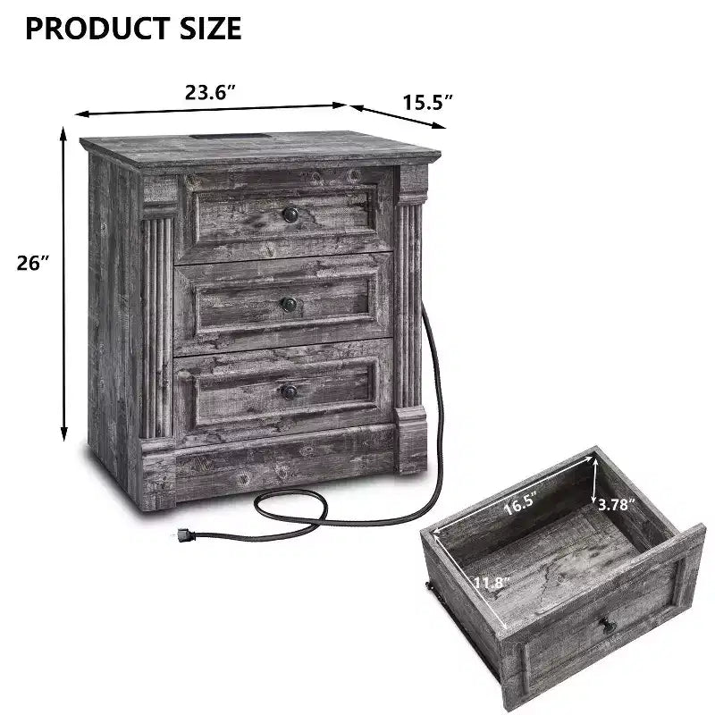 Table de chevet Mastgoal 26 avec station de charge, table d'appoint rustique en bois de style ferme de 23,6 pouces et 3 tiroirs